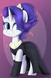 Size: 1584x2400 | Tagged: safe, artist:sakukitty, derpibooru import, rarity, pony, unicorn, the gift of the maud pie, alternate hairstyle, black dress, breakfast at tiffany's, clothes, cute, dress, female, holly golightly, image, jewelry, jpeg, little black dress, mare, necklace, pearl necklace, raribetes, smiling, socks, solo, updo