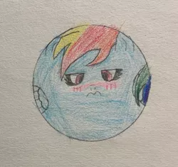 Size: 1280x1202 | Tagged: safe, artist:yourweirdisamanaphy, derpibooru import, rainbow dash, pegasus, pony, ball, blushing, female, image, jpeg, mare, morph ball, rainball, solo, traditional art