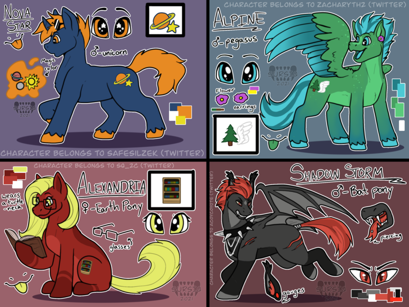 Size: 2732x2048 | Tagged: safe, artist:sursiq, derpibooru import, oc, oc:alexandria, oc:alpine, oc:nova star, oc:shadow storm, unofficial characters only, bat pony, earth pony, pegasus, pony, unicorn, angry, bat pony oc, bat wings, book, bookshelf, cute, cutie mark, earth pony oc, edgy, eyes open, female, friendship, glasses, happy, horn, image, magic, male, mare, nerd, open mouth, open smile, pegasus oc, planet, png, pony oc, reference sheet, smiling, space, stallion, sunglasses, sunglasses on head, surprised, tree, unicorn oc, unshorn fetlocks, wingding eyes, wings