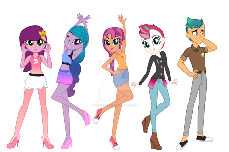 Size: 1280x849 | Tagged: safe, artist:gihhbloonde, artist:hate-love12, artist:katnekobase, derpibooru import, hitch trailblazer, izzy moonbow, pipp petals, sunny starscout, zipp storm, equestria girls, base used, belt, boots, bra, bra strap, clothes, converse, deviantart watermark, equestria girls-ified, female, g5, grin, high heels, image, jacket, jeans, leather jacket, male, mane five (g5), obtrusive watermark, one eye closed, pants, png, shirt, shoes, shorts, simple background, skirt, smiling, sports bra, tanktop, transparent background, underwear, watermark, wink