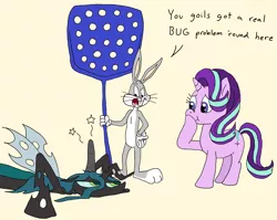 Size: 1720x1371 | Tagged: safe, artist:bugssonicx, derpibooru import, queen chrysalis, starlight glimmer, changeling, pony, unicorn, bugs bunny, female, flyswatter, head lump, image, looney tunes, male, png, slapstick