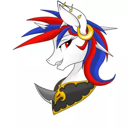 Size: 626x628 | Tagged: safe, artist:snowi, derpibooru import, oc, oc:snowi, pony, unicorn, armor, black armor, blue mane, bust, ear piercing, earring, female, gold, horn, horns, image, jewelry, jpeg, mare, mutant, piercing, red eyes, red mane, sharp tooth, white hair