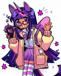 Size: 1523x1887 | Tagged: safe, artist:jack0ran, derpibooru import, twilight sparkle, twilight sparkle (alicorn), alicorn, human, barrette, bowtie, cardigan, clothes, colored pupils, cute, cutie mark, eared humanization, female, freckles, glasses, horn, horned humanization, humanized, image, jpeg, phone, pleated skirt, scroll, simple background, skirt, smiling, socks, solo, stars, striped socks, thigh highs, twiabetes, white background, winged humanization, wings