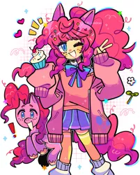 Size: 1563x1944 | Tagged: safe, artist:jack0ran, derpibooru import, pinkie pie, earth pony, human, pony, bowtie, candy, clothes, colored pupils, cupcake, cute, diapinkes, eared humanization, exclamation point, female, food, heart, human ponidox, humanized, image, jpeg, lollipop, mare, one eye closed, oversized clothes, peace sign, pleated skirt, self ponidox, simple background, skirt, smiling, stars, tailed humanization, white background, wink