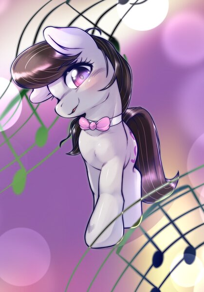 Size: 1430x2048 | Tagged: safe, artist:kurogewapony, derpibooru import, octavia melody, earth pony, pony, blushing, bowtie, cute, female, image, jpeg, looking at you, mare, simple background, smiling, smiling at you, solo, tavibetes, treble clef