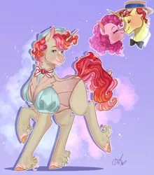 Size: 949x1080 | Tagged: safe, artist:bunnari, derpibooru import, flim, pinkie pie, oc, pony, unicorn, clothes, image, male, nuzzling, parent:flim, parent:pinkie pie, parents:flimpie, png, stallion