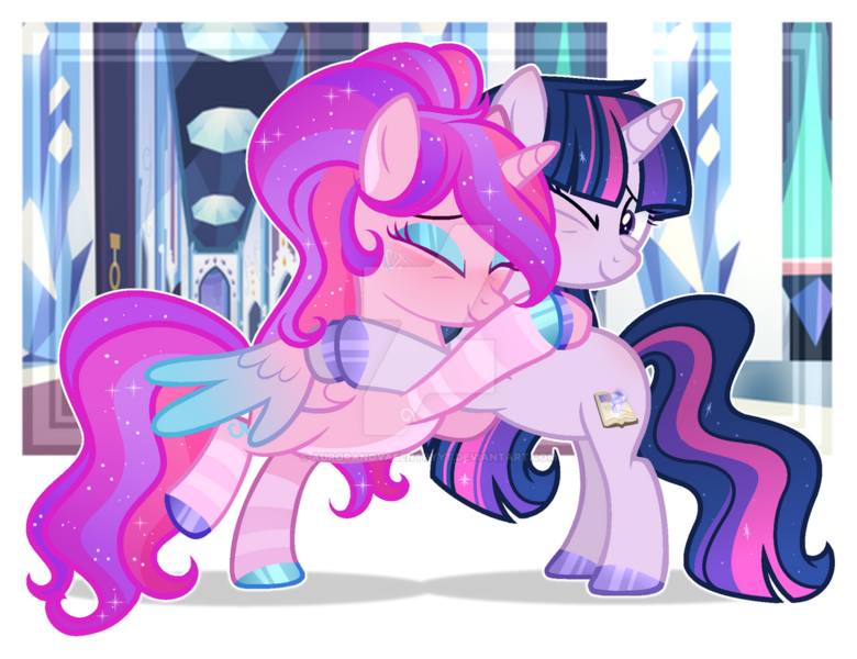 Size: 1280x984 | Tagged: safe, artist:auroranovasentry, derpibooru import, oc, oc:aurora nova, oc:starflight, unofficial characters only, alicorn, pony, unicorn, female, hug, image, mare, png