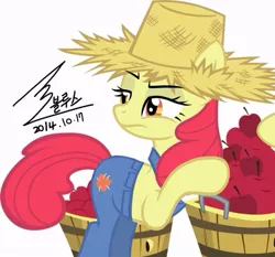 Size: 743x691 | Tagged: safe, artist:bluse, derpibooru import, apple bloom, earth pony, pony, apple, barrel, clothes, female, food, hat, image, jpeg, mare, older, older apple bloom, overalls, signature, simple background, solo, vector, white background