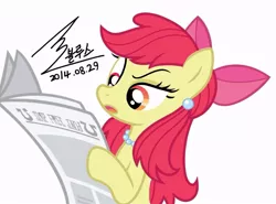 Size: 900x665 | Tagged: safe, artist:bluse, derpibooru import, apple bloom, pony, bow, female, image, jewelry, jpeg, mare, necklace, newspaper, older, older apple bloom, pearl necklace, signature, simple background, solo, vector, white background