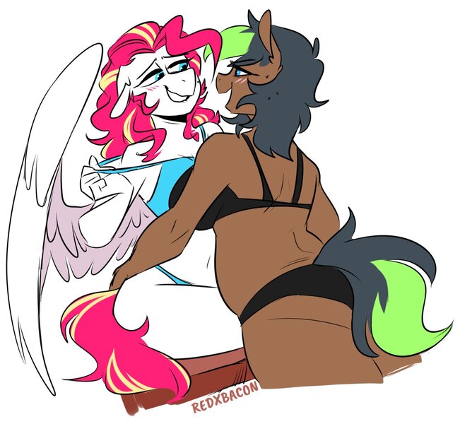 Size: 1298x1196 | Tagged: suggestive, artist:redxbacon, derpibooru import, oc, oc:light shooter, oc:pixel bite, unofficial characters only, anthro, earth pony, pegasus, anthro oc, ass, butt, earth pony oc, female, image, imminent sex, jpeg, lesbian, looking at each other, pegasus oc, plump, simple background, undressing, wings