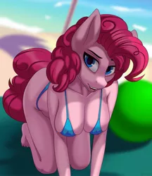 Size: 1899x2200 | Tagged: suggestive, artist:up1ter, derpibooru import, pinkie pie, anthro, pony, ball, beach, bikini, breasts, busty pinkie pie, clothes, image, jpeg, panties, swimsuit, thong, underwear