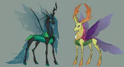 Size: 2500x1350 | Tagged: safe, artist:dementra369, derpibooru import, queen chrysalis, thorax, changedling, changeling, changeling queen, duo, female, green background, image, king thorax, male, png, realistic anatomy, simple background