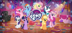 Size: 1666x768 | Tagged: safe, derpibooru import, official, applejack, fluttershy, pinkie pie, princess cadance, rainbow dash, rarity, shining armor, twilight sparkle, twilight sparkle (alicorn), alicorn, earth pony, pegasus, pony, unicorn, academy, applejack's hat, balloon, bipedal, cowboy hat, crown, disco ball, female, flying, gameloft, hat, image, jewelry, loading screen, male, mane six, mare, my little pony logo, png, regalia, spotlight, stallion, video game