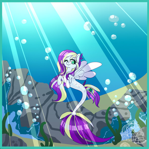 Size: 1280x1280 | Tagged: safe, artist:spoopypumpkinspice, derpibooru import, edit, oc, unofficial characters only, pegasus, pony, seapony (g4), bubble, crepuscular rays, dorsal fin, eyelashes, female, fish tail, flowing mane, flowing tail, green eyes, image, jpeg, logo, logo edit, multicolored hair, ocean, one eye closed, rock, seaponified, seaweed, smiling, solo, species swap, sunlight, swimming, tail, underwater, water, wings