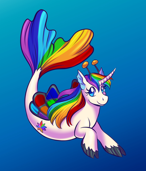 Size: 1238x1445 | Tagged: safe, artist:alynna, derpibooru import, oc, unofficial characters only, alicorn, pony, seapony (g4), blue background, blue eyes, crepuscular rays, fin wings, fish tail, flowing tail, horn, image, jpeg, looking at you, multicolored hair, ocean, seaponified, simple background, smiling, solo, species swap, swimming, tail, underwater, unshorn fetlocks, water, wings