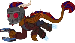 Size: 1280x731 | Tagged: safe, artist:mlp-trailgrazer, derpibooru import, oc, oc:jaywalk, dracony, dragon, hybrid, clothes, cosplay, costume, image, magnet, male, png, simple background, solo, star lord, transparent background