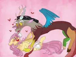 Size: 768x576 | Tagged: safe, artist:cocolove2176, derpibooru import, discord, fluttershy, draconequus, pony, blushing, blushing profusely, discoshy, female, hand on chest, heart, image, jpeg, looking at each other, male, pink background, shipping, simple background, straight, tickling