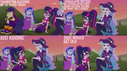 Size: 1280x720 | Tagged: safe, derpibooru import, edit, edited screencap, editor:quoterific, screencap, cranky doodle donkey, princess celestia, princess luna, sci-twi, spike, spike the regular dog, twilight sparkle, dog, equestria girls, equestria girls series, the road less scheduled, the road less scheduled: celestia, spoiler:eqg series (season 2), cute, cutelestia, eyes closed, female, geode of telekinesis, glasses, hairpin, image, lunabetes, magical geodes, male, music festival outfit, open mouth, png, principal celestia, sleeping, smiling, twiabetes, vice principal luna