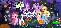 Size: 1666x768 | Tagged: safe, derpibooru import, official, applejack, fluttershy, pinkie pie, rainbow dash, rarity, starlight glimmer, twilight sparkle, twilight sparkle (alicorn), alicorn, earth pony, ghost, pegasus, pony, undead, unicorn, candy, candy cane, cauldron, female, food, gameloft, halloween, holiday, image, jack-o-lantern, loading screen, mane six, mare, my little pony logo, night, nightmare night, png, pumpkin, tree, video game