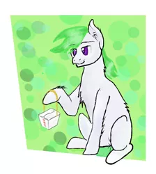 Size: 561x627 | Tagged: safe, artist:firebird145, derpibooru import, oc, unofficial characters only, earth pony, pony, abstract background, box, chest fluff, earth pony oc, food, hoof hold, image, jpeg, sitting, smiling, solo