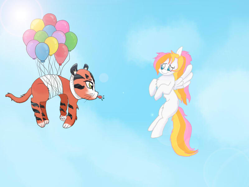 Size: 800x600 | Tagged: safe, artist:firebird145, derpibooru import, oc, unofficial characters only, big cat, pegasus, pony, tiger, :p, balloon, duo, female, floating, image, jpeg, mare, pegasus oc, tongue out, wings