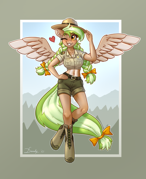 Size: 2232x2728 | Tagged: safe, artist:dandy, derpibooru import, oc, oc:sylvia evergreen, unofficial characters only, anthro, pegasus, unguligrade anthro, belly button, blushing, boots, bow, braided pigtails, breasts, clothes, female, freckles, hair bow, hand on hip, hat, heart, image, looking at you, park ranger, png, shoes, shorts, short shirt, solo, solo female, uniform, wingding eyes, wings