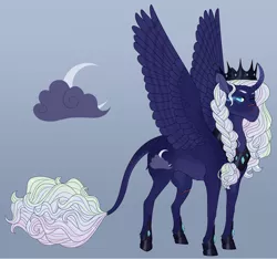 Size: 2880x2700 | Tagged: safe, artist:bluet0ast, derpibooru import, oc, unofficial characters only, alicorn, pony, alicorn oc, braid, cloud, crescent moon, curved horn, hoof shoes, horn, image, jewelry, leonine tail, magical lesbian spawn, moon, offspring, one eye closed, parent:princess luna, parent:rainbow dash, parents:lunadash, peytral, png, scar, sombra eyes, tiara, wings, wink