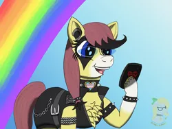 Size: 1600x1200 | Tagged: safe, artist:gray star, derpibooru import, oc, oc:sunny side(gray star), earth pony, chains, choker, clothes, derpibooru exclusive, female, glasses, happy, image, metal, phone, png, rainbow, shorts, spiked choker, spikes, trans female, transgender, vest