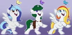 Size: 2163x1074 | Tagged: safe, artist:breioom, derpibooru import, oc, oc:diamond glimmer, oc:summersweet, oc:zenith night, unofficial characters only, alicorn, butterfly, insect, pegasus, pony, unicorn, chibi, clothes, commission, happy, image, jpeg, scarf, your character here
