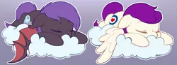 Size: 1783x665 | Tagged: safe, artist:breioom, derpibooru import, oc, oc:dawn sentry, oc:gloster meteor, unofficial characters only, bat pony, pegasus, pony, chibi, cloud, commission, cute, eyes closed, image, jpeg, sleeping, your character here