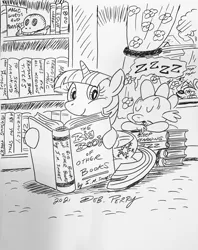 Size: 2532x3197 | Tagged: safe, artist:debmervin, derpibooru import, spike, twilight sparkle, twilight sparkle (alicorn), alicorn, black and white, book, bookshelf, grayscale, image, jpeg, library, mervin mouse, monochrome, skull, sleeping, window