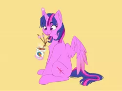 Size: 4000x3000 | Tagged: safe, artist:galinn-arts, derpibooru import, twilight sparkle, twilight sparkle (alicorn), alicorn, chest fluff, ear fluff, eating, food, image, jpeg, magic, noodles, simple background, sitting, smiling, telekinesis