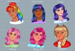 Size: 1800x1236 | Tagged: safe, artist:definitelynotlily, derpibooru import, applejack, fluttershy, pinkie pie, rainbow dash, rarity, twilight sparkle, human, alternate hairstyle, applejack's hat, blushing, clothes, cowboy hat, dark skin, ear piercing, earring, eyeshadow, female, flannel, gray background, hat, humanized, image, jewelry, jpeg, lipstick, makeup, mane six, necklace, piercing, simple background, sweater, tanktop