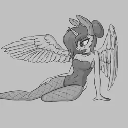 Size: 1280x1280 | Tagged: suggestive, artist:cherrymocaccino, artist:zuko42, derpibooru import, oc, oc:vile harpy, alicorn, anthro, belly button, bowtie, breasts, bunny ears, bunny suit, bunny tail, cleavage, clothes, eyeshadow, image, makeup, monochrome, pantyhose, png, sexy, sketch, solo