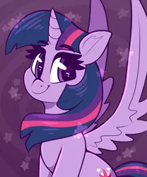 Size: 1233x1479 | Tagged: safe, artist:graphene, derpibooru import, twilight sparkle, twilight sparkle (alicorn), alicorn, pony, cute, female, image, looking at you, mare, png, sitting, smiling, smiling at you, solo, spread wings, wings