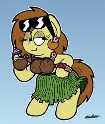 Size: 1924x2277 | Tagged: safe, artist:bobthedalek, derpibooru import, oc, oc:bubble pump, unofficial characters only, earth pony, pony, bikini, bikini top, clothes, cocktail umbrella, coconut, coconut bikini, coconut drink, flower, flower in hair, flower necklace, food, grass skirt, image, png, skirt, swimsuit