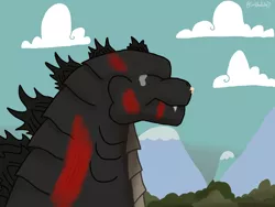 Size: 4032x3024 | Tagged: safe, artist:lordshrekzilla20, derpibooru import, fluttershy, fanfic:godzilla, blood, crying, everfree forest, fanfic art, farewell, godzilla, godzilla (series), hug, image, injured, png, scratches