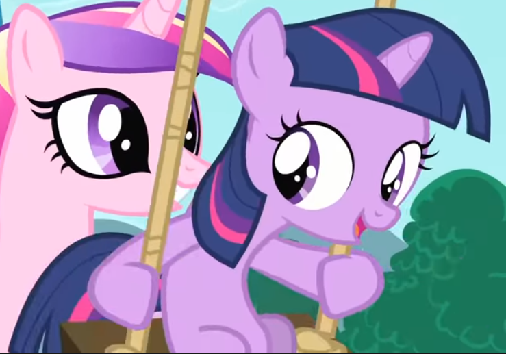 Size: 739x517 | Tagged: safe, derpibooru import, screencap, princess cadance, twilight sparkle, pony, unicorn, a canterlot wedding, cropped, female, filly, filly twilight sparkle, image, png, smiling, solo focus, swing, teen princess cadance, younger