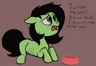 Size: 629x435 | Tagged: artist needed, source needed, semi-grimdark, derpibooru import, oc, oc:anonfilly, pony, female, filly, food bowl, hungry, image, png, sad, starving, text, weird fetish