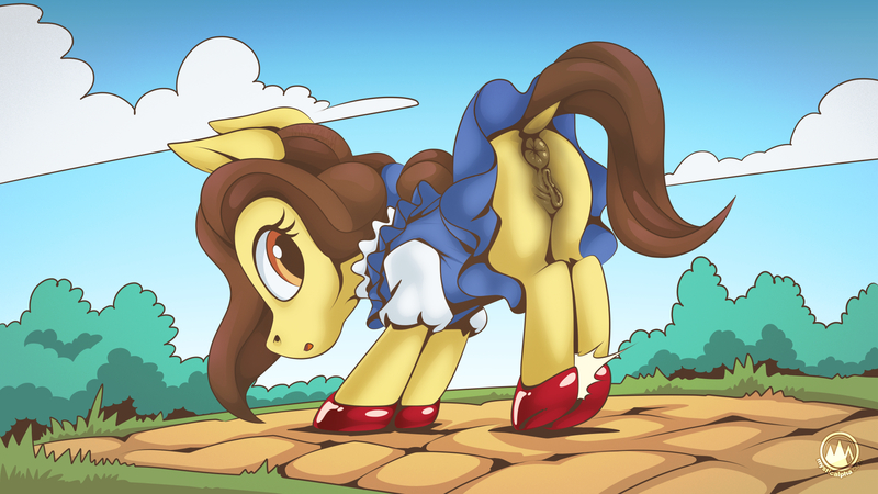 Size: 1920x1080 | Tagged: explicit, artist:mysticalpha, derpibooru import, ruby slippers (pony), clothes, dorothy gale, image, jpeg, looking back, nudity, the wizard of oz, vagina