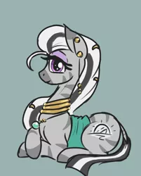 Size: 1652x2050 | Tagged: safe, artist:t72b, derpibooru import, oc, oc:matriarch zeg'us, zebra, bust, ear piercing, earring, female, image, jewelry, looking at you, lying down, mare, neck rings, piercing, png, portrait, prone, solo