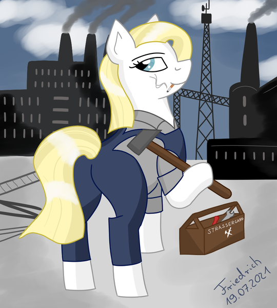 Size: 900x1000 | Tagged: safe, artist:friedrich911, derpibooru import, oc, earth pony, pony, blonde, blue eyes, female, hammer, image, industrial, mare, png, white, worker