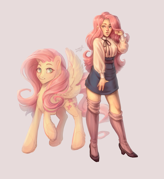 Size: 4313x4706 | Tagged: safe, artist:samsa0, derpibooru import, fluttershy, pegasus, pony, blouse, clothes, denim skirt, female, human ponidox, image, jpeg, kneesocks, mare, pink background, self ponidox, shoes, signature, simple background, skirt, smiling, socks