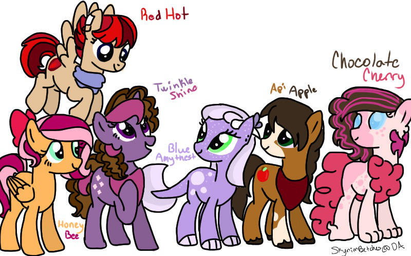 Size: 800x498 | Tagged: safe, artist:skyrimbetches, artist:twiily-bases, derpibooru import, oc, oc:api apple, oc:blue amethyst, oc:chocolate cherry, oc:honey bee, oc:red hot, oc:twinkle shine, draconequus, dracony, earth pony, hybrid, pegasus, pony, unicorn, base used, draconequus oc, image, interspecies offspring, jpeg, offspring, parent:applejack, parent:big macintosh, parent:cheese sandwich, parent:discord, parent:dumbbell, parent:fluttershy, parent:pinkie pie, parent:rainbow dash, parent:rarity, parent:spike, parent:trouble shoes, parent:troubleshoes clyde, parent:twilight sparkle, parents:cheeselight, parents:discopie, parents:dumbdash, parents:fluttermac, parents:sparity, parents:troublejack, simple background, white background