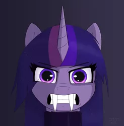 Size: 1932x1962 | Tagged: safe, artist:ionlydrawtwi, derpibooru import, twilight sparkle, sabertooth pony, descended twilight, angry, derpibooru exclusive, ethereal mane, fangs, gradient background, growling, image, png, simple background, starry eyes, starry mane, wingding eyes