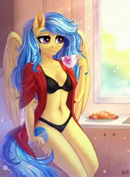 Size: 3017x4096 | Tagged: suggestive, artist:hakaina, derpibooru import, part of a set, oc, oc:jeppesen, unofficial characters only, anthro, pegasus, pony, beautiful, beautisexy, belly, belly button, black underwear, bra, bread, breasts, clothes, commission, crepuscular rays, croissant, cup, cute, cutie mark, drink, female, food, fruit, image, jpeg, kitchen, lingerie, mare, messy mane, morning ponies, panties, pegasus oc, reasonably sized breasts, robe, sexy, sitting, solo, solo female, tea, teacup, underwear, window, wings