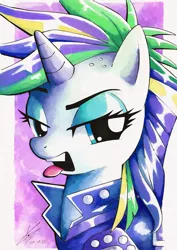 Size: 4093x5787 | Tagged: safe, artist:konanachi, derpibooru import, rarity, pony, unicorn, it isn't the mane thing about you, absurd file size, absurd resolution, alternate hairstyle, bust, female, image, lidded eyes, mare, png, portrait, punk, raripunk, signature, solo, tongue out