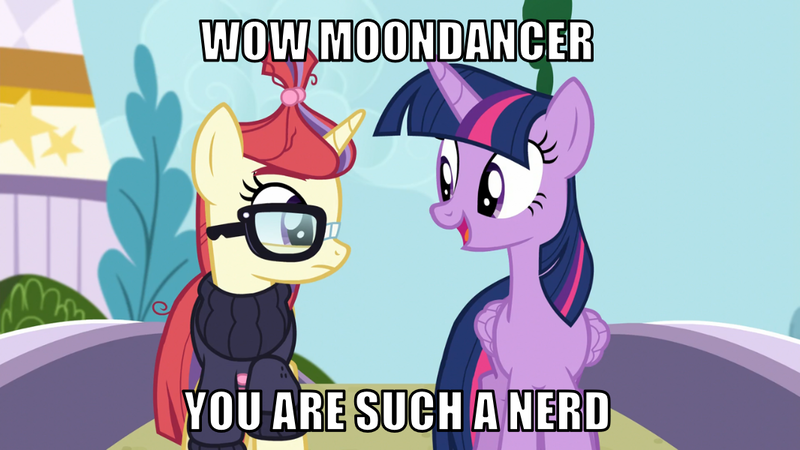 Size: 1066x600 | Tagged: safe, derpibooru import, edit, edited screencap, editor:twi clown, screencap, moondancer, twilight sparkle, twilight sparkle (alicorn), alicorn, pony, unicorn, amending fences, season 5, caption, duo, female, hypocrisy, image, image macro, mare, nerd, png, text