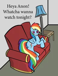 Size: 2550x3300 | Tagged: safe, artist:vareb, derpibooru import, rainbow dash, pegasus, pony, couch, image, implied anon, lamp, looking at you, png, smiling, solo, table, talking to viewer, text, this will end in snuggles