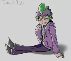 Size: 421x362 | Tagged: safe, artist:beefgummies, derpibooru import, spike, human, bangs, clothes, freckles, gray background, hoodie, humanized, human spike, image, jacket, png, shirt, sideburns, simple background, striped shirt